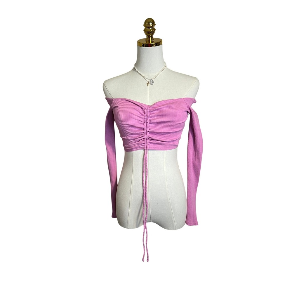 Better Be Pink Ribbed Off The Shoulder Ruched Drawstring Crop Top Long Sleeve